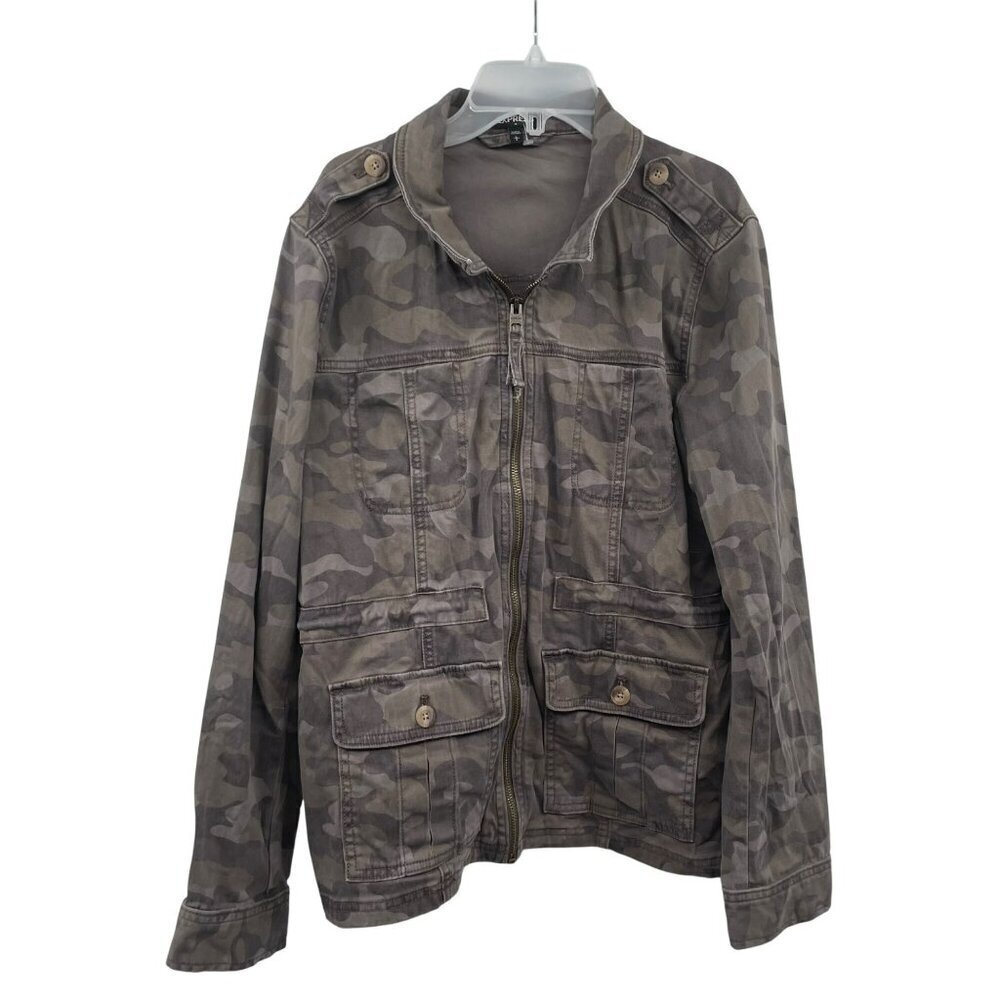 Express Womens Camouflage Jacket Full Zip Gray/Green Size Large Pockets